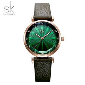 Shengke Womens horloges kwartsbeweging dames polshorloge lederen band voor vrouwen mode analoge dial pin polshorloges horloge