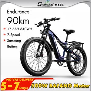 Shengmilo MX03 Bicicleta de montaña eléctrica de 26 pulgadas 1000W PEAK BAFANG Motor Shimano Suspensión total Bicicleta con neumático ancho 48V 17.5AH SAMSUNG E-Bike 840WH MTB Ciclomotor urbano