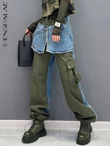 Shengpalae Fashion Femmes Denim épissé Culottes Niche Design Elastic Contrast Couleur Straight Jeans Automne 2024 5R7922 240517
