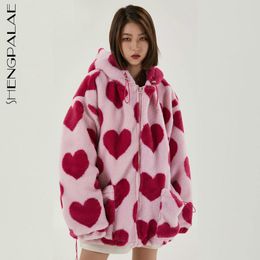 Shengpalae Harajuku hart volledige print pluche jas vrouwen winter Korean grote maat lange mouw hooded jas dik warm warm