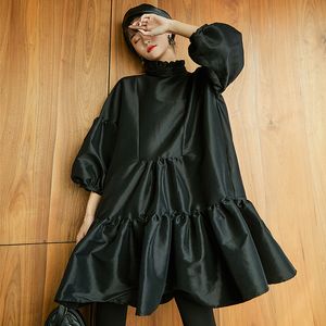 SHENGPALAE bouffée trois quarts manches robes pour femmes col à volants noir Mini robe de bal robe femme 2021 printemps coréen FL350 210306