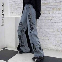 SHENGPALAE Verano Moda Ins Street Hip-hop Impresión Wash Jeans Loose Casual Denim Pantalones de pierna ancha Mujer ZA4395 210715