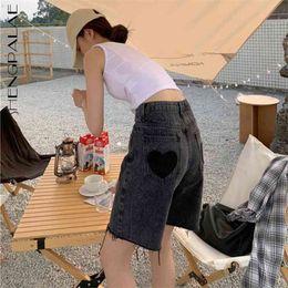 ShengPalale Love Pattern Short Jeans Woemh's Zomer NWE Hoge Taille Wide Been PPocket Denim Shorts Vrouwelijke Tij 5C804 210427