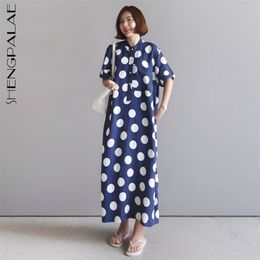 Shengpllae simples azul polka dot vestido feminino verão em torno do pescoço grande tamanho manga curta chiffon meados de bezerro vestidos 210427