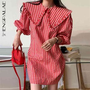 Shengpllae Sweet Plaid Jurk Dames Lente Peter Pan Collor Kant Losse Lange Puff Sheeve Boven Knie Jurken Vrouw 210427