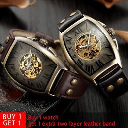 Shenhua 2019 Vintage Automatic Watch Men Men Mechanical Wrist Watches Mens Fashion Skeleton Retro Bronze Watch Clock Montre Homme J190253Q