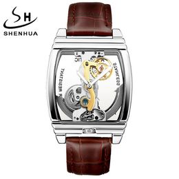 Shenhua turbillon heren horloges luxe automatische mechanische polshorloge echt lederen riem transparant skelet mannelijke goudklok242l