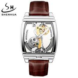 Shenhua Turbillon Mens horloges luxe automatische mechanische polshorloge echte lederen riem transparant skelet mannelijke goudklok245s