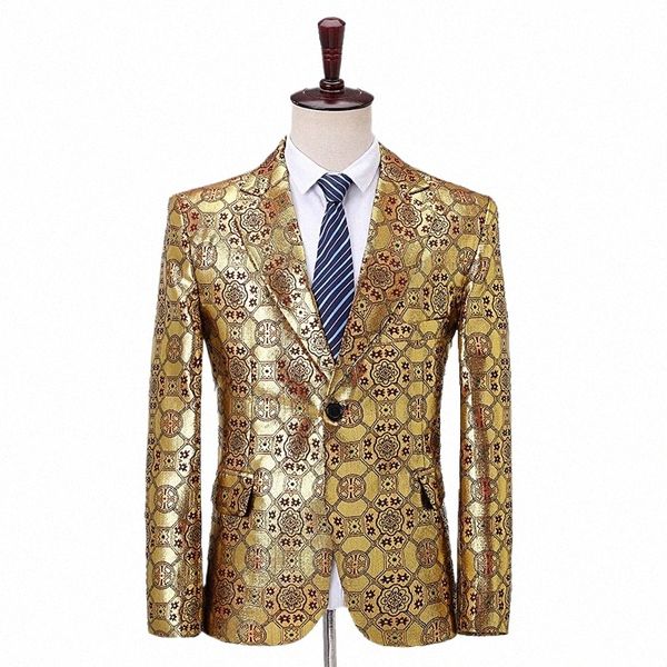 Shenrun Hommes Blazers Or Motif Floral Slim Costume Occasionnel Veste Veste De Marié Chanteurs Hôte Batteur Blazer Costume De Scène Plus La Taille q8rg #