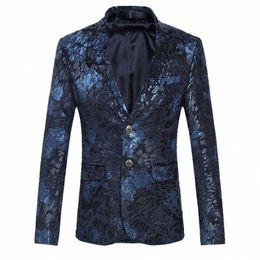 Shenrun Hommes Floral Blazers Bleu Marine Vin Rouge Costume Veste Slim Fit Blazer Chanteur Vestes Hôte Costume De Scène Musicien Taille M-6XL 97hP #