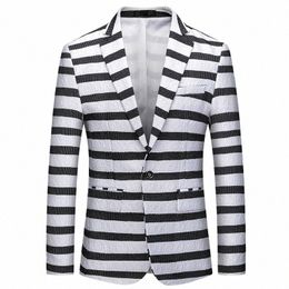 Shenrun Hommes Veste Noir Blanc Stripe Blazer Slim Fit Mariage Marié Costume Veste Chanteur Hôte Scène Dr Blazers M-6XL Plus Taille 22Cd #