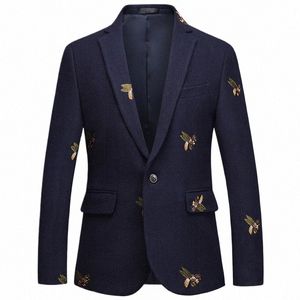 Shenrun Hombres Chaqueta Blazers Azul marino Estambre Abeja Bordado Boda Novio Traje Chaquetas Casual Slim Alta Calidad Tallas grandes Blazer v6gJ #