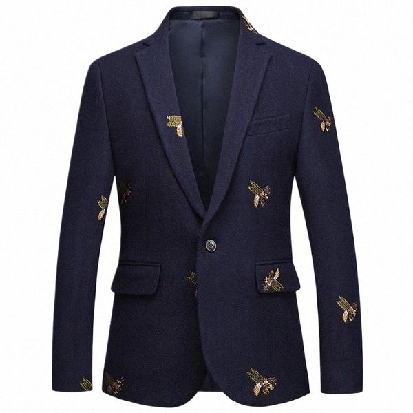 Shenrun Hommes Veste Blazers Bleu Marine Worsted Bee Broderie Mariage Marié Costume Vestes Casual Slim Haute Qualité Plus Taille Blazer v6gJ #