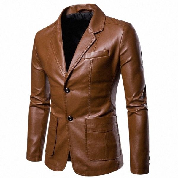 Shenrun Hommes Veste En Cuir PU En Cuir Blazer Noir Vin Rouge Jaune Marron Automne Hiver Costume Vestes Fi Jeunesse Casual Blazers z53i #