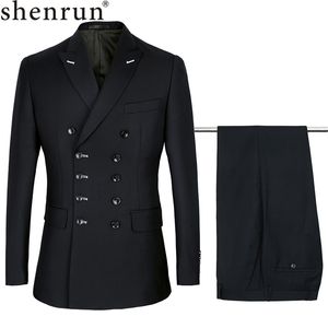 Shenrun Hommes Costumes Slim Fit Nouveau Costume De Mode À Double Boutonnage Peak Revers Marine Bleu Noir De Mariage Groom Party Prom Skinny Costume 201027