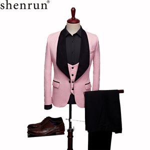 SHENRUN Hommes Mode Grand Châle Revers 3 Pièces Ensemble Rose Rouge Bleu Blanc Noir Mariage Groom Costumes Qualité Jacquard Banquet Tuxedo 201106