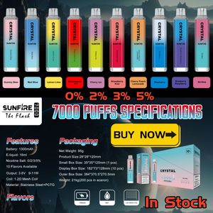 Shenzhen e cigarrillo sunfire cristal 7000 bocanadas con 10 sabores vape desechable RGB 16 ml Precilado 1300 mAh Vape Dispositivo Flash Vapor 20 30 50mg Festival de mercado de la UE Regalos