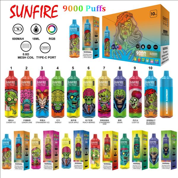 Shenzhen Sunfire Tornado 9k Puffs 9000 Vape desechable Pod 18 ml Bobina de malla de vapor precargada Diseño colorido recargable RGB Light eCigs Vaporizador portátil Puffs 9k 7k