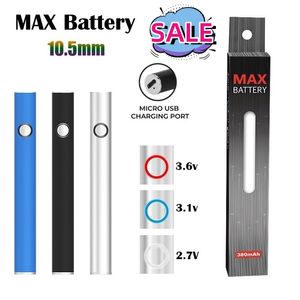 Shenzhen Vape Authentic Max Batterij 10,5 mm Diameter Cartridge Batterijen USB Passthrough 350mAh Voorverwarmspanning VV Vape Pen voor 510 Karren Fabriek Direct