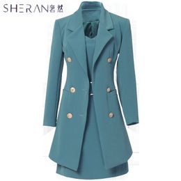 SHERAN AUTUMN BUSINESS SUIT ÉLÉGANT OFFICE Dame Work 2 pièces Set Blazer à manches longues et robe de robe sans manches ensemble 220218