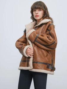 Sherpa Lined Suede Shearling Flight faux cuir fourrure cuir faux cuir cool col montant veste taille femmes manteau en cuir épais femmes vêtements d'hiver en cuir