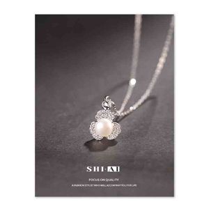 Collier en argent sterling Shiai S925 Mode femme élégante et polyvalente trèfle de perles de perles de perles d'eau douce