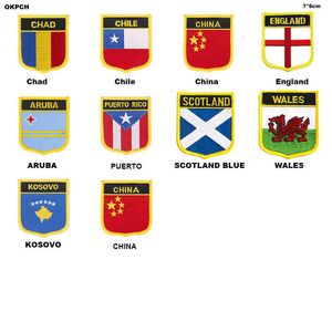 Patchs de drapeau en forme de bouclier, tchad, chili, chine, angleterre, ARUBA, porto Rico, Écosse, bleu, pays de Galles, KOSOVO