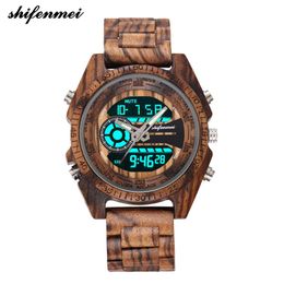 Shifenmei 2139 Antique Mens Zebra et Ebonoy Wood Watches With Double Display Business Watch in Wooden Digital Quartz Watch Y190515292H