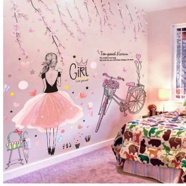 SHIJUEHEZI Autocollants muraux de fille de bande dessinée PVC matériel bricolage fleurs de pêche autocollant mural de vélo pour chambres d'enfants décoration de chambre de bébé 229q
