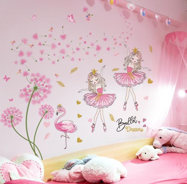 Shijuehezi Pink Dandelion Flores Pegatina de pared Diy Girl Flamingo Mural Decalas para niños Decoración de viveros de habitaciones para bebés1674712