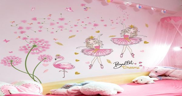 Shijuehezi Pink Dandelion Flores Pegatina de pared Diy Girl Flamingo Mural Decals para niños Decoración de viveros de la habitación del bebé.