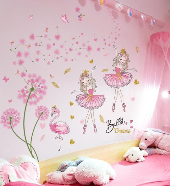 Shijuehezi Pink Dandelion Flores Pegatina de pared Diy Girl Flamingo Mural Decalas para niños Decoración de viveros de habitaciones para bebés 5424857