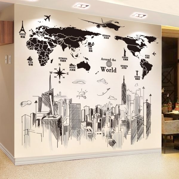 [Shijuehezi] Carte du monde Stickers muraux Bâtiments DIY Stickers muraux pour salon Bureau Maison Décoration Muurstickers Accessoires 210310