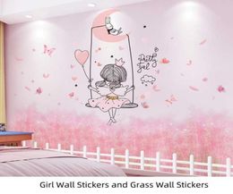 Shijuekongjian Cartoon Girl Girl Stickers Wallrs Diy Chaotic Grass Plantes Mural décalcomanies pour les chambres pour enfants Décoration de maison de chambre bébé 2104380642