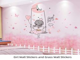 Shijuekongjian Cartoon Girl Wall Stickers Diy Chaotic Grass Plants Mural Decals For Kids Rooms Baby Slaapkamer Huis Decoratie 2104685036