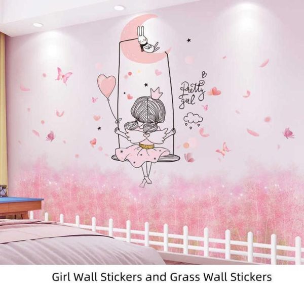 Shijuekongjian Cartoon Girl Girl Stickers Wallrs Diy Chaotic Grass Plantes Mural décalcomanies pour les chambres pour enfants Décoration de maison de chambre bébé 2106914163