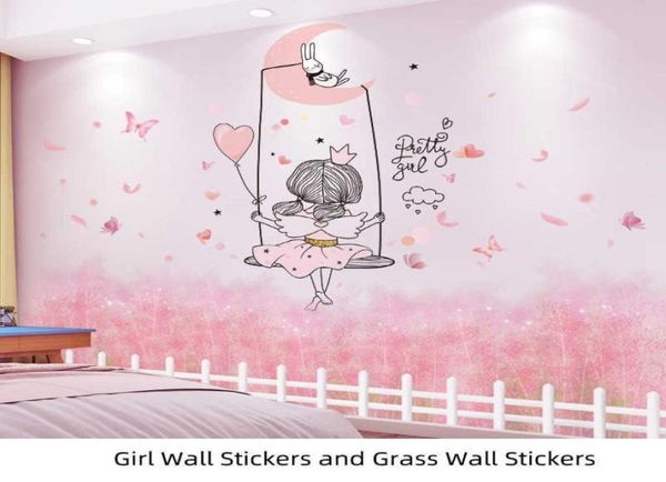 Shijuekongjian Cartoon Girl Girl Stickers Wallrs Diy Chaotic Grass Plantes Mural décalcomanies pour les chambres pour enfants Décoration de maison de chambre bébé 2102634677