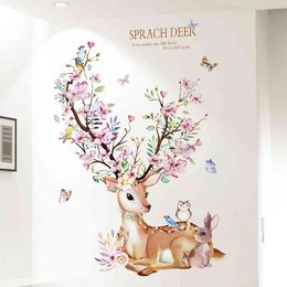 [Shijuekongjian] Herten konijn Dierlijke Muurstickers DIY Bloemen Muurstickers Voor Huis Kinderkamers Baby Slaapkamer Nursery Decoration 210615