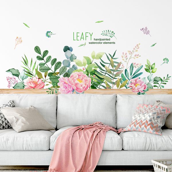 [Shijuekongjian] Flor Hojas Pegatinas de pared Vinilo DIY Hierba Tatuajes de pared para sala de estar Niños Dormitorio Guardería Decoración de la casa 201130