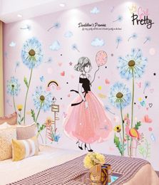 Shijuekongjian mooie meid muurstickers voor kinderkamers baby slaapkamer kinderkamer decoratie diy roze kleur bloemen muurstickers gttu9063887