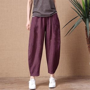 ShiMai femmes coton lin pantalon taille élastique Vintage pantalon dame ample décontracté S-2XL rétro littéraire 220325