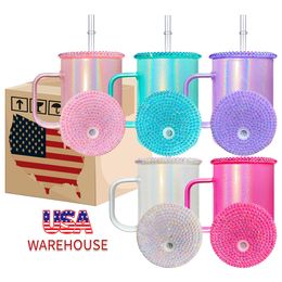 Sinomage de tasse réutilisable de 17 oz couvercles de diamant haut borosilicate Camper Verre Café des tasses de voyage avec poignée pour la sublimation Printing 25pcs / boîtier à USA Warehouse 4.23 s