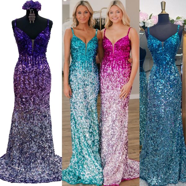 Shimmer Ombre Lentejuelas Vestido de fiesta 2023 Correas con cuello en V Ajustado Dama Preadolescente Chica Vestido de desfile Fiesta de noche formal Invitado de boda Red Capet Runway Homecoming Lace-Up Back