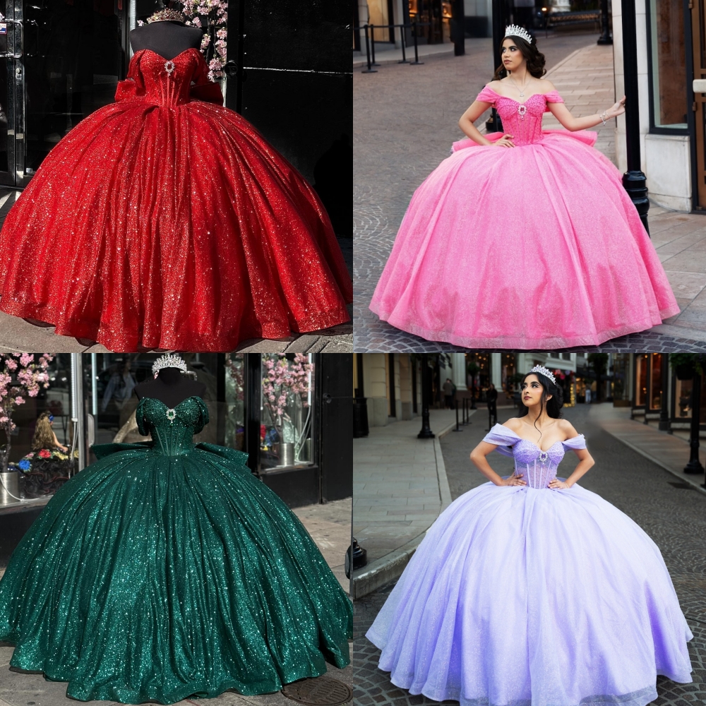 Shimmering Glitter Tulle Quinceanera Dress Sheer Corset Ball Mexican Quince Sweet 15/16 Birthday Party Gown for 15th Girl Drama Winter Formal Prom Gala Lilac Pink Red