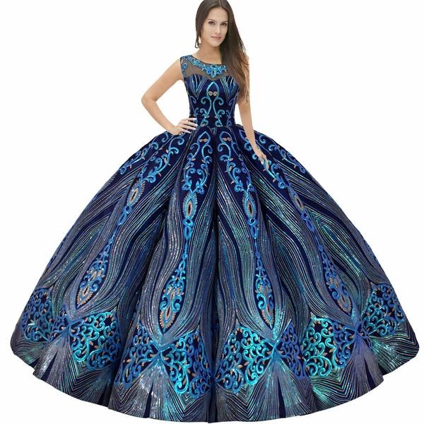 Vestido de Quinceañera con cuello de ilusión brillante azul real, enagua plisada plegable, Jupon Tarlatan, falda de lentejuelas con abertura en el interior