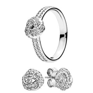 Glinsterende Knoop Ring Stud Oorbellen Set voor Pandora 925 Sterling Zilver designer Sieraden set Voor Vrouwen Meisjes Luxe Kristallen Diamanten Ringen Oorbel met Originele Doos