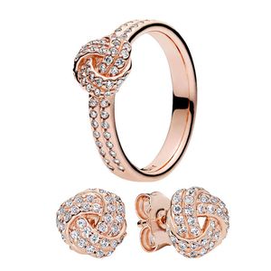 Glinsterende Knoop Oorknopjes en Ring Set voor Pandora 18K Rose Gold designer Sieraden set Voor Vrouwen Meisjes Luxe Kristallen Diamanten Ringen Oorbel met Originele Doos