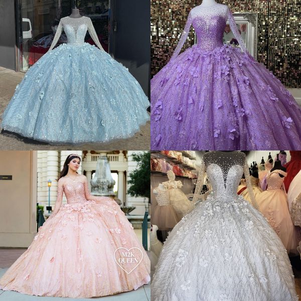 Vestido de quinceañera brillante Mangas de ilusión Baile de debutante Quince mexicano Dulce vestido de fiesta de cumpleaños 15/16 para niña número 15 Drama Gala de graduación formal de invierno Orquídea dorada