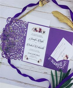 Sitio de invitación de boda de bolsillo de corte de láser púrpura de color púrpura Invitaciones personalizables con tarjeta de respuesta y sobre 7714421