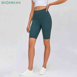 Shinbene Super High Rise Buttery-Soft Yoga Workout Biker Shorts Women Naked-Feel vierweg rekbare gym Fitness Sport Long Shorts H1221